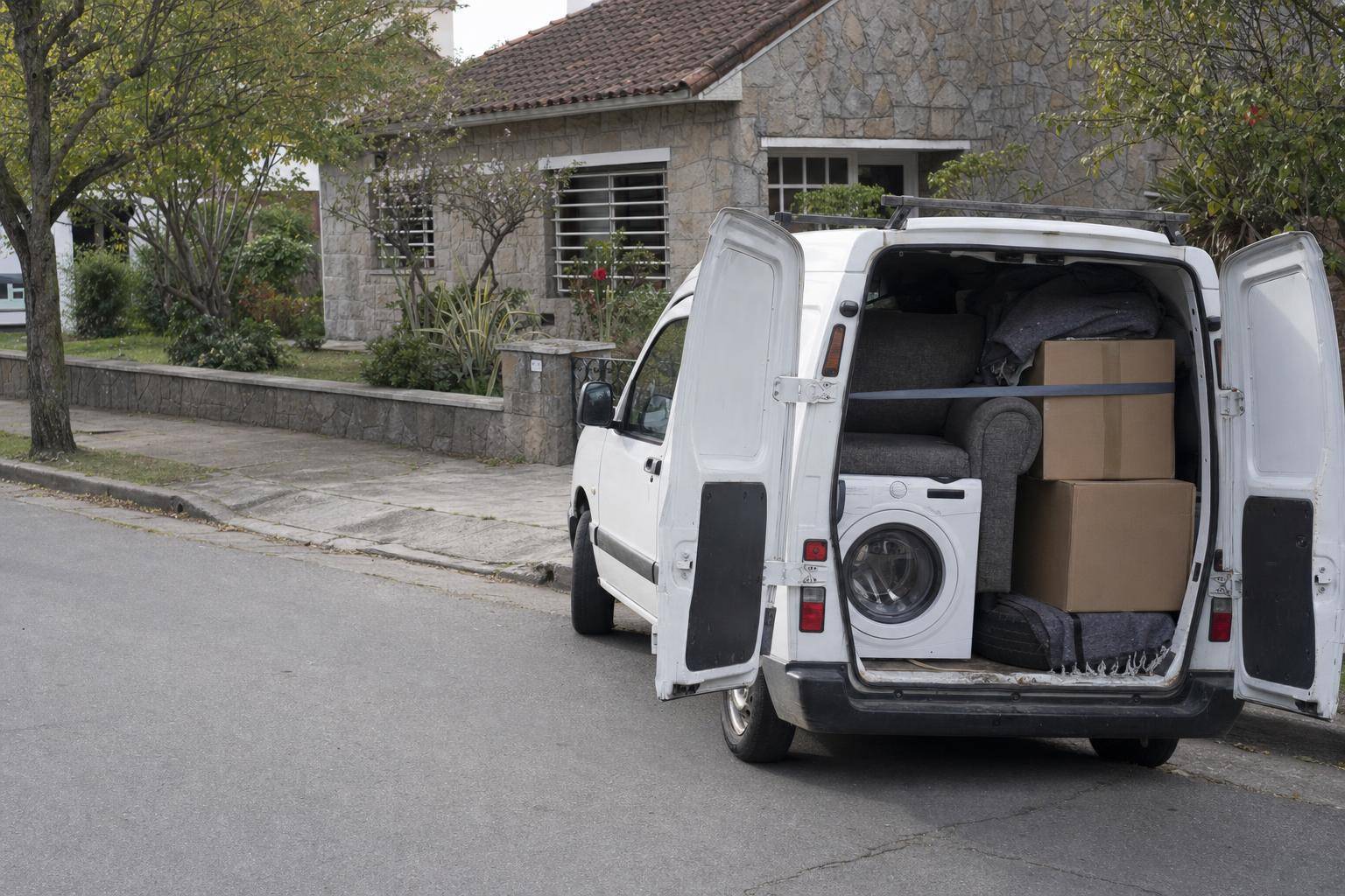 Lavarropas, sillón y cajas cargados para un flete en Mar del Plata frente a un chalet de piedra
