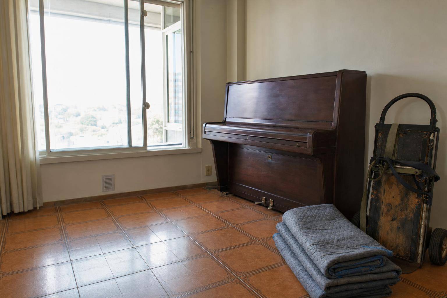 Piano vertical ya ubicado en un living después del traslado de pianos en Mar del Plata